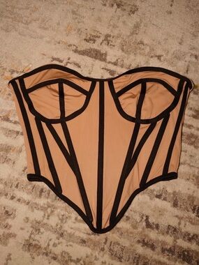 Xs- Strapless Nude Corset Bustier with Black Trim